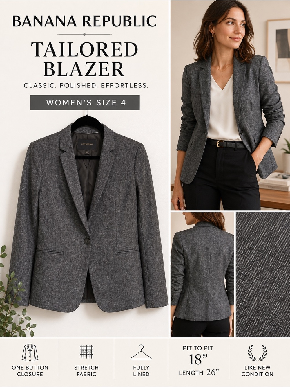 Banana Republic Women’s Size 4 Gray One Button Tailored Blazer Stretch
